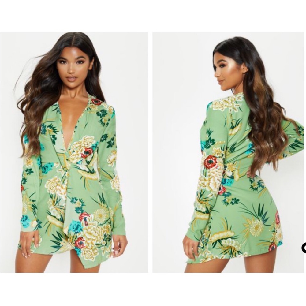 Sage Green Floral Wrap Dress by PrettyLittleThing